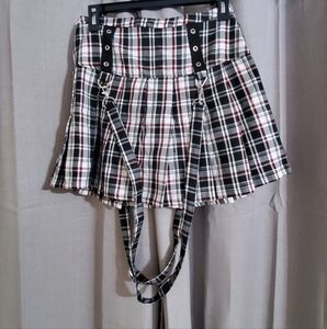 Hot Topic Black and White Plaid Pleated Mini Skirt Suspenders Small